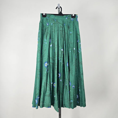 Vintage Made in Germany M&G Green Floral Pleated Cotton Midi Skirt Size S