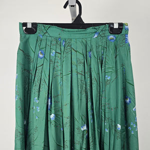 Vintage Made in Germany M&G Green Floral Pleated Cotton Midi Skirt Size S