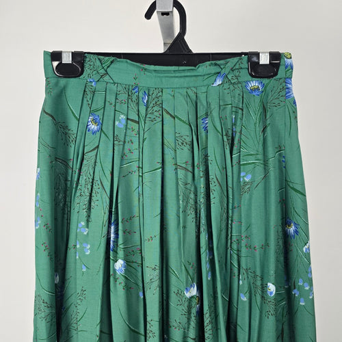 Vintage Made in Germany M&G Green Floral Pleated Cotton Midi Skirt Size S
