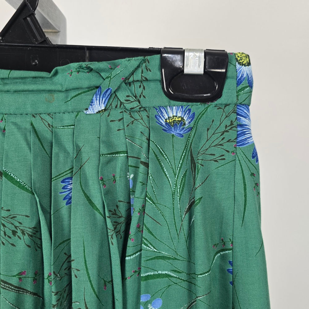 Vintage Made in Germany M&G Green Floral Pleated Cotton Midi Skirt Size S