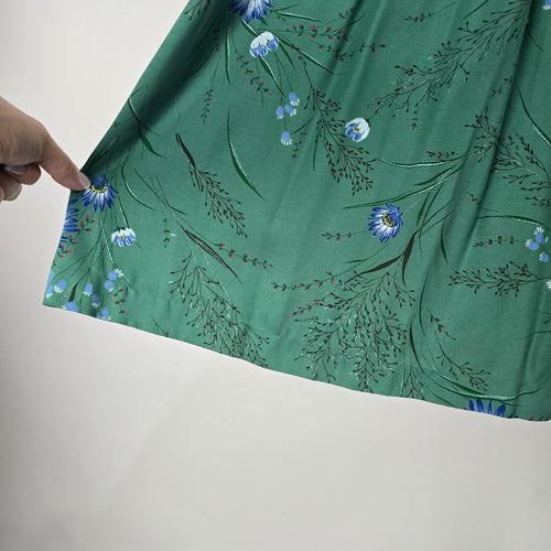 Vintage Made in Germany M&G Green Floral Pleated Cotton Midi Skirt Size S