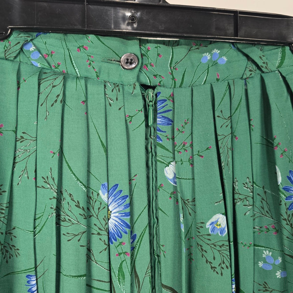 Vintage Made in Germany M&G Green Floral Pleated Cotton Midi Skirt Size S