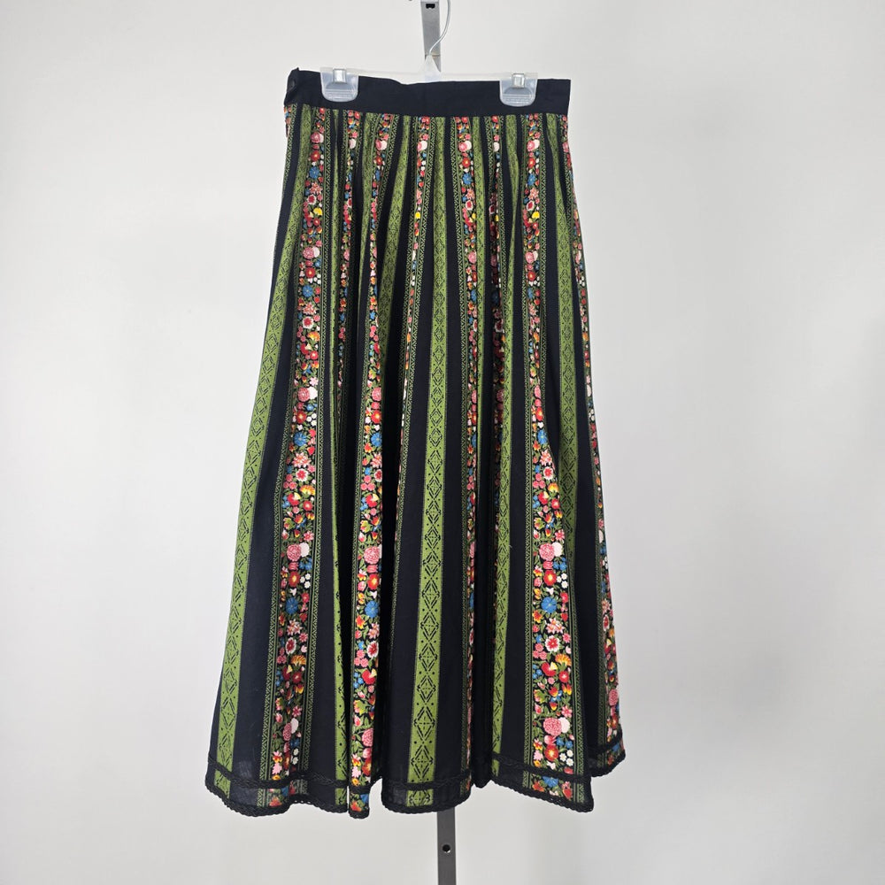 Vintage Black Green Floral Stripe Pleated Midi Skirt Size XS