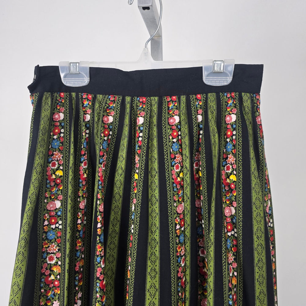 Vintage Black Green Floral Stripe Pleated Midi Skirt Size XS