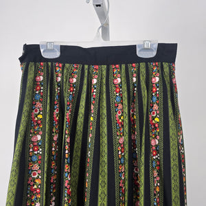 Vintage Black Green Floral Stripe Pleated Midi Skirt Size XS