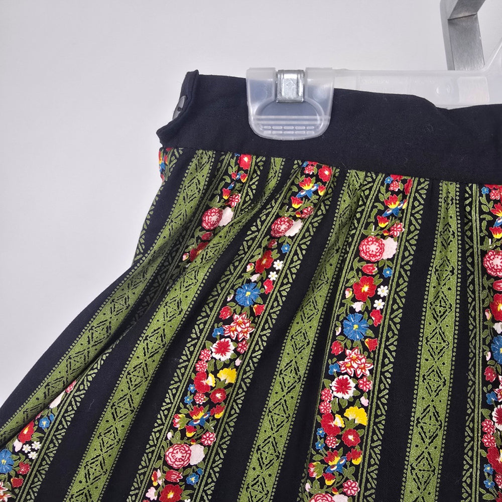 Vintage Black Green Floral Stripe Pleated Midi Skirt Size XS