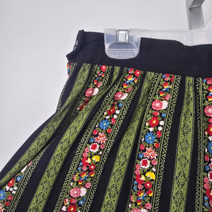 Vintage Black Green Floral Stripe Pleated Midi Skirt Size XS