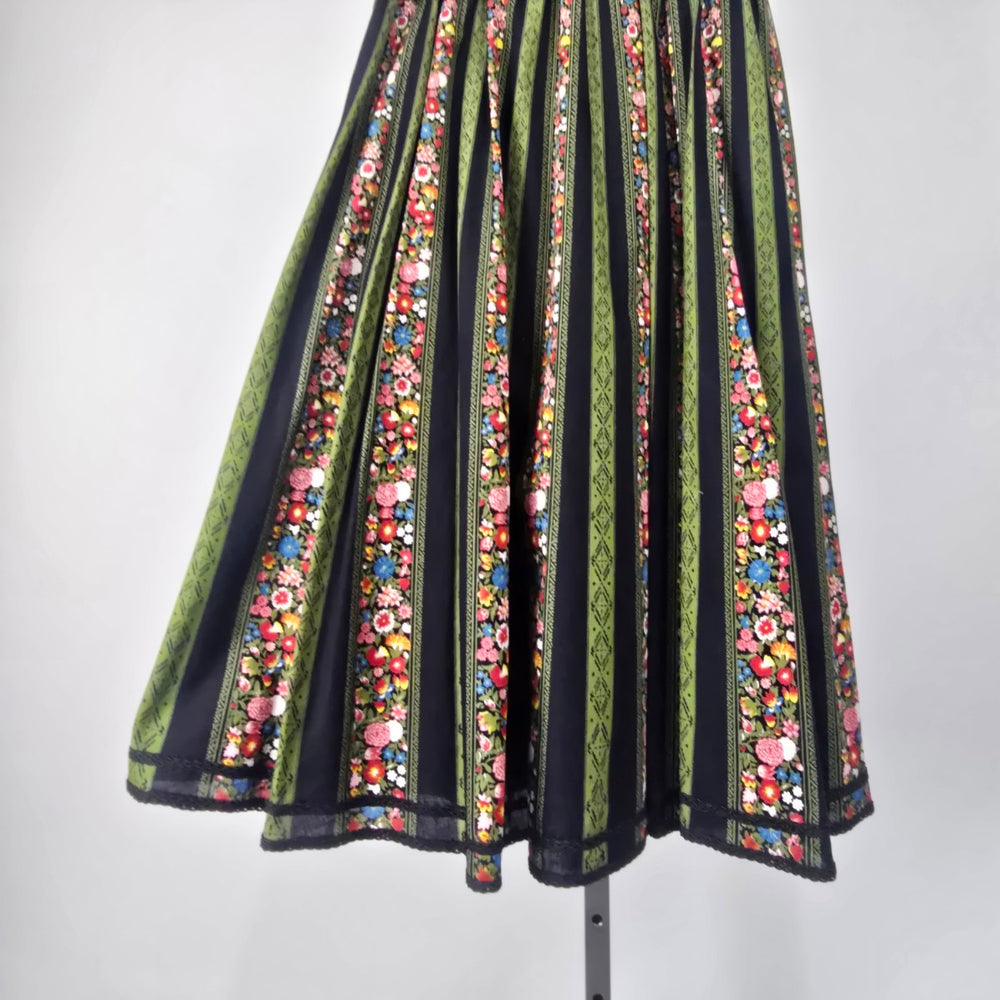 Vintage Black Green Floral Stripe Pleated Midi Skirt Size XS