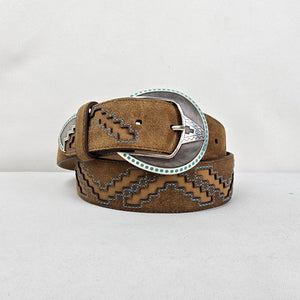 Justin Brown Suede Leather Western Belt Silver Navajo Buckle Turquoise Accent Size 36