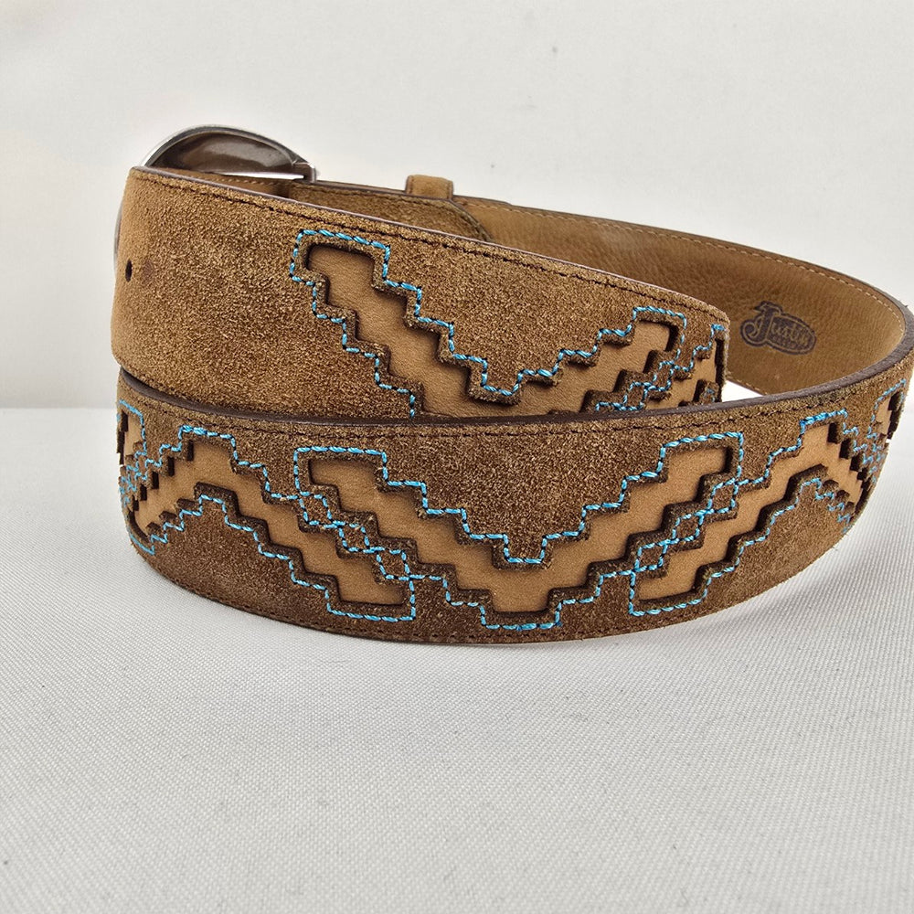 Justin Brown Suede Leather Western Belt Silver Navajo Buckle Turquoise Accent Size 36