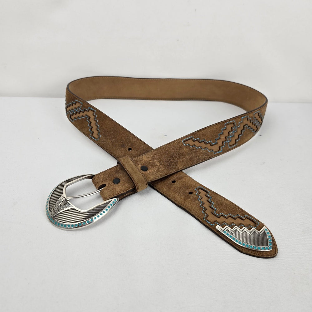 Justin Brown Suede Leather Western Belt Silver Navajo Buckle Turquoise Accent Size 36