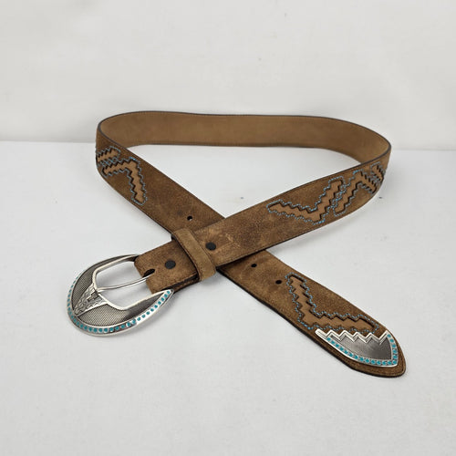 Justin Brown Suede Leather Western Belt Silver Navajo Buckle Turquoise Accent Size 36