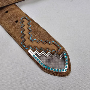 Justin Brown Suede Leather Western Belt Silver Navajo Buckle Turquoise Accent Size 36