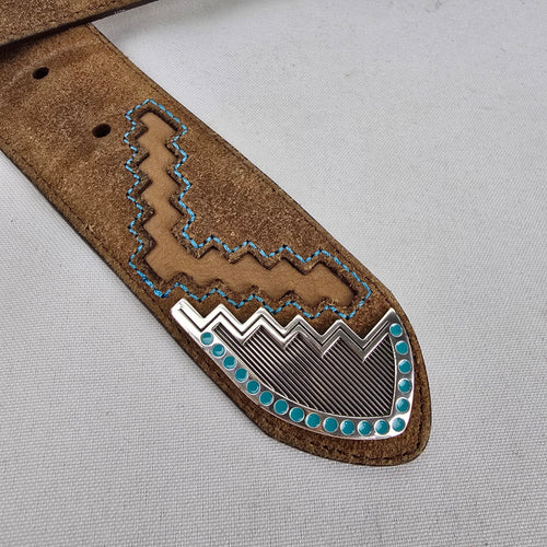 Justin Brown Suede Leather Western Belt Silver Navajo Buckle Turquoise Accent Size 36