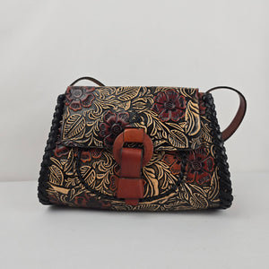 Vintage Handmade Mexican Tooled Leather Floral Shoulder Bag Brown
