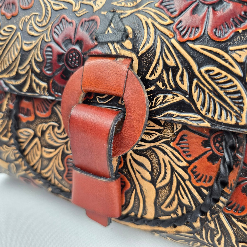 Vintage Handmade Mexican Tooled Leather Floral Shoulder Bag Brown