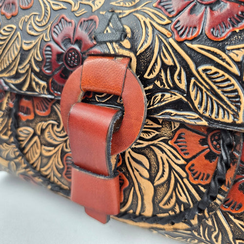 Vintage Handmade Mexican Tooled Leather Floral Shoulder Bag Brown