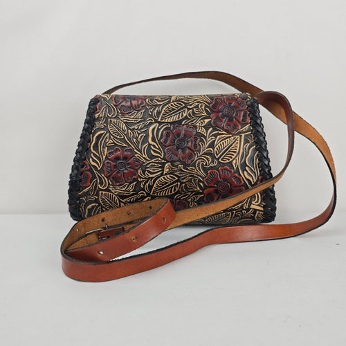 Vintage Handmade Mexican Tooled Leather Floral Shoulder Bag Brown