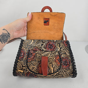 Vintage Handmade Mexican Tooled Leather Floral Shoulder Bag Brown