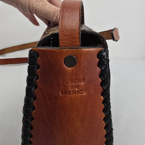 Vintage Handmade Mexican Tooled Leather Floral Shoulder Bag Brown
