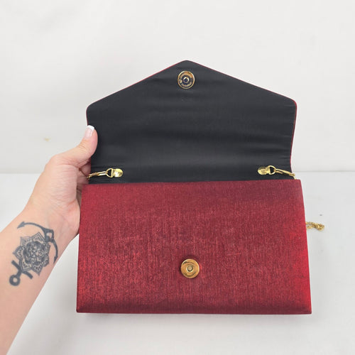 Carvela Burgundy Satin Envelope Clutch Evening Bag Gold Chain