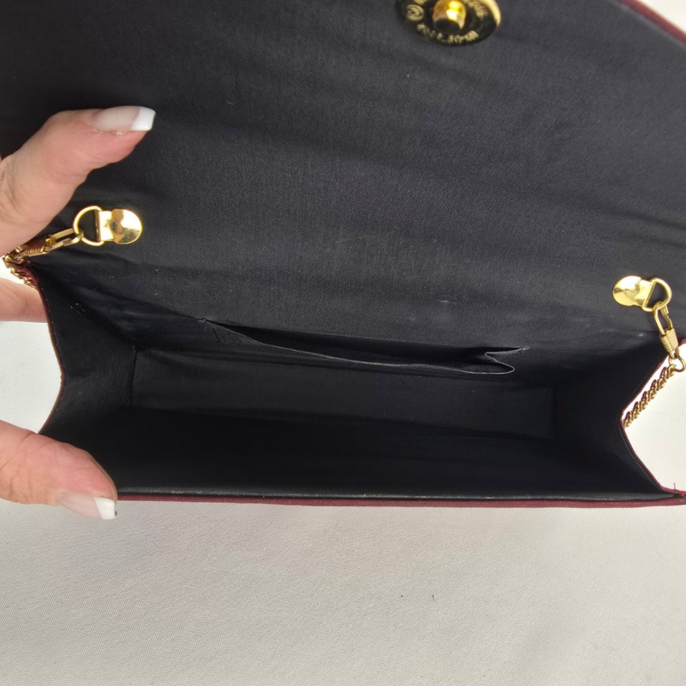 Carvela Burgundy Satin Envelope Clutch Evening Bag Gold Chain