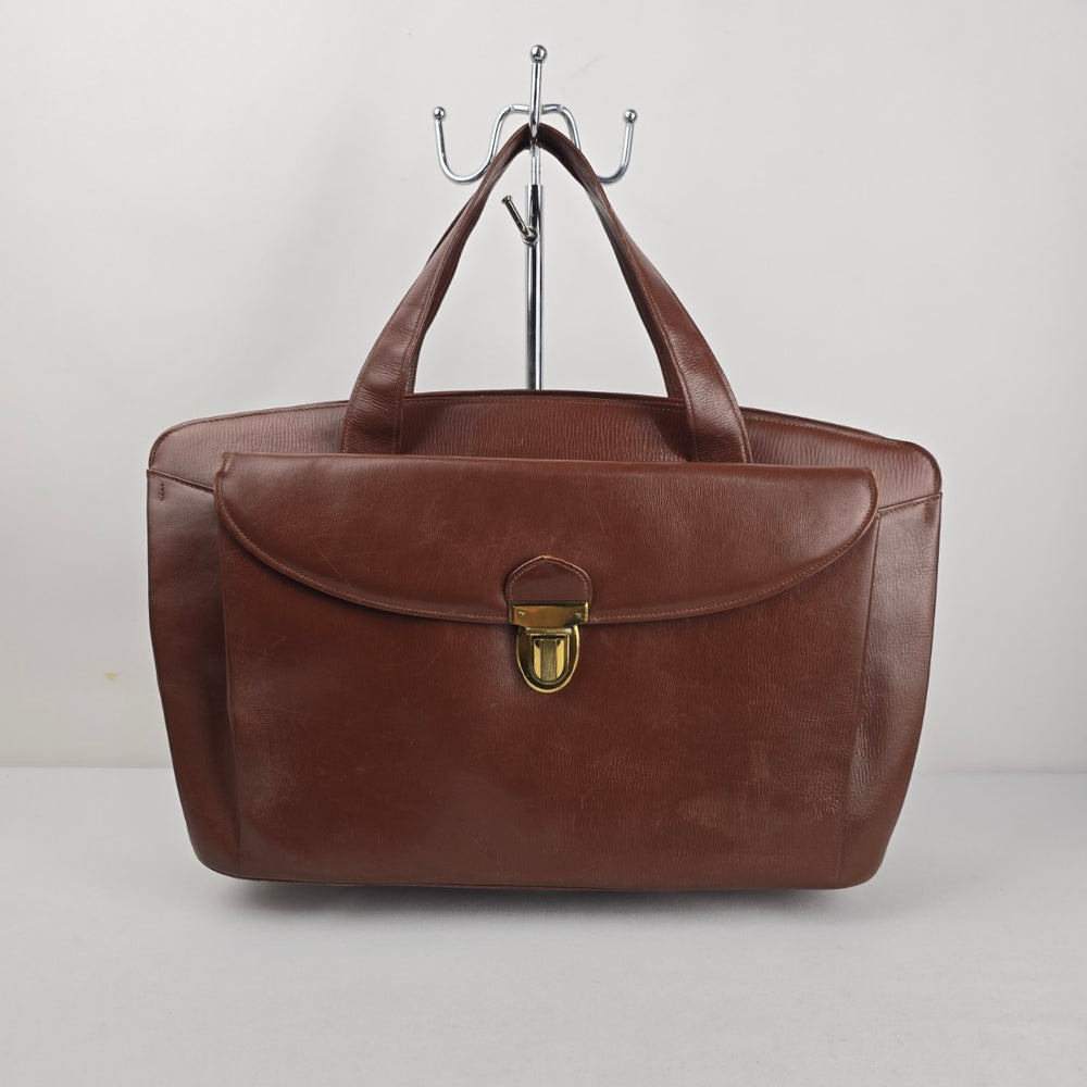 Vintage Brown Leather Laptop Briefcase Messenger Tote Bag Plaid Lining