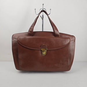 Vintage Brown Leather Laptop Briefcase Messenger Tote Bag Plaid Lining