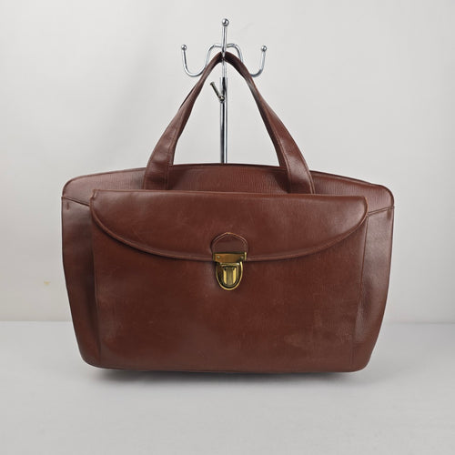 Vintage Brown Leather Laptop Briefcase Messenger Tote Bag Plaid Lining