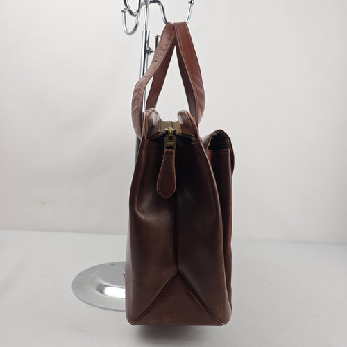 Vintage Brown Leather Laptop Briefcase Messenger Tote Bag Plaid Lining