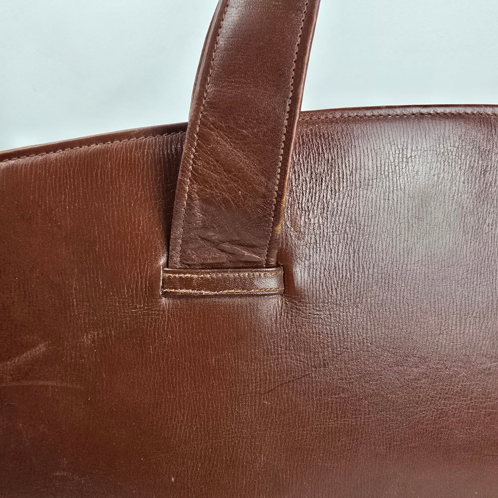 Vintage Brown Leather Laptop Briefcase Messenger Tote Bag Plaid Lining