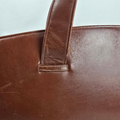 Vintage Brown Leather Laptop Briefcase Messenger Tote Bag Plaid Lining