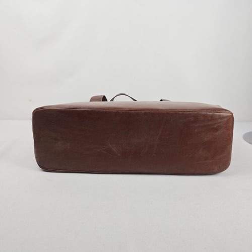 Vintage Brown Leather Laptop Briefcase Messenger Tote Bag Plaid Lining