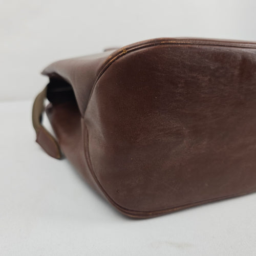 Vintage Brown Leather Laptop Briefcase Messenger Tote Bag Plaid Lining