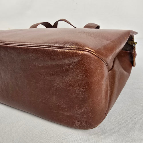 Vintage Brown Leather Laptop Briefcase Messenger Tote Bag Plaid Lining