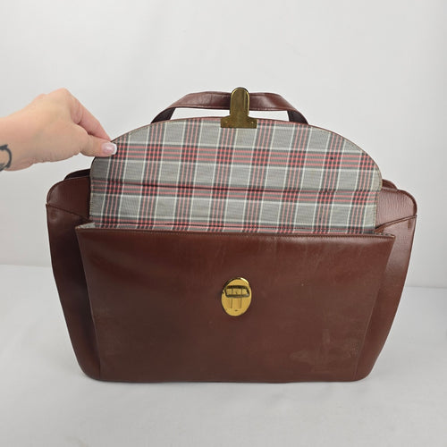 Vintage Brown Leather Laptop Briefcase Messenger Tote Bag Plaid Lining