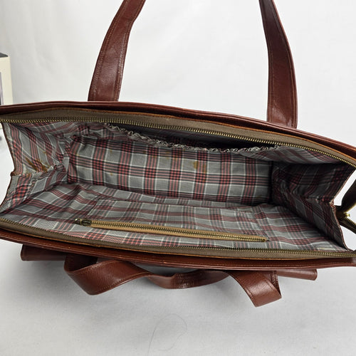 Vintage Brown Leather Laptop Briefcase Messenger Tote Bag Plaid Lining