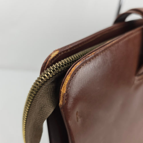 Vintage Brown Leather Laptop Briefcase Messenger Tote Bag Plaid Lining