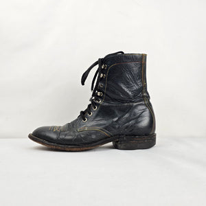 Vintage Hondo Boots Black Leather Lace Up Roper Western Boots Size 7