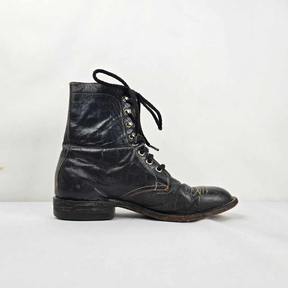 Vintage Hondo Boots Black Leather Lace Up Roper Western Boots Size 7