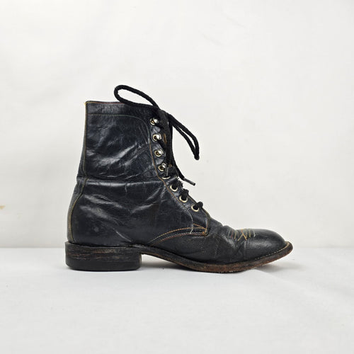 Vintage Hondo Boots Black Leather Lace Up Roper Western Boots Size 7