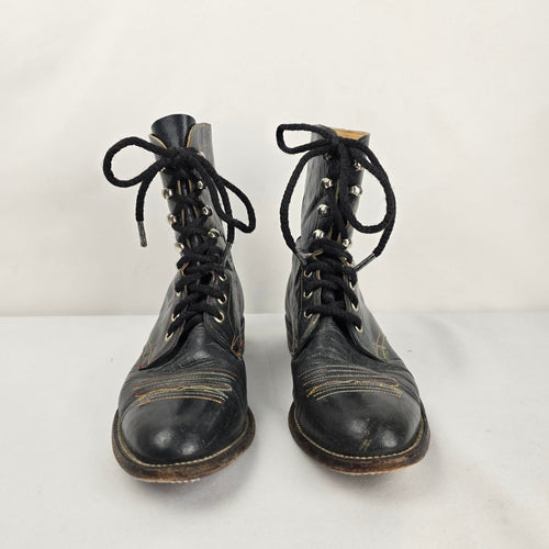 Vintage Hondo Boots Black Leather Lace Up Roper Western Boots Size 7