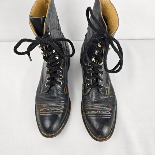 Vintage Hondo Boots Black Leather Lace Up Roper Western Boots Size 7