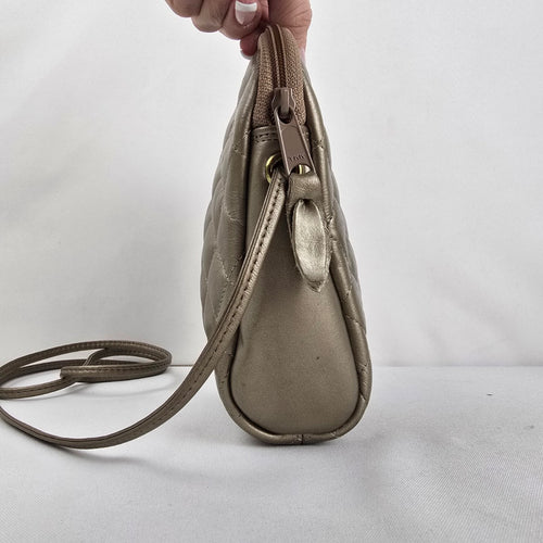 Vintage Metallic Champagne Quilted Crossbody Bag Clutch Zip Top Shoulder Purse