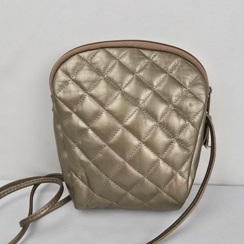 Vintage Metallic Champagne Quilted Crossbody Bag Clutch Zip Top Shoulder Purse