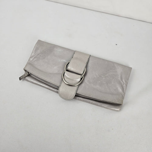 HOBO International Silver Leather Foldover Clutch Bag