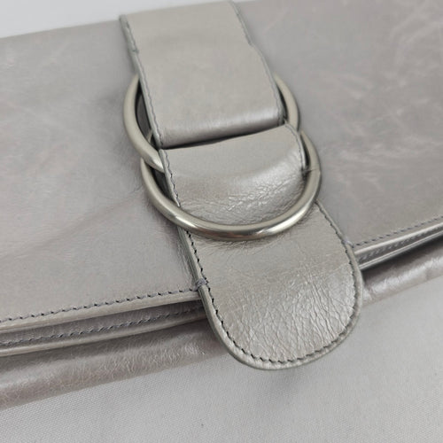 HOBO International Silver Leather Foldover Clutch Bag