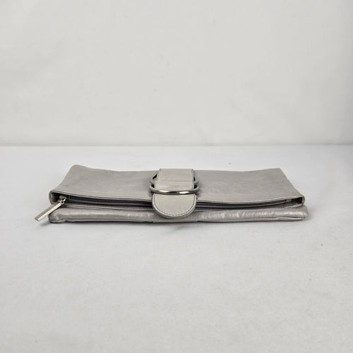 HOBO International Silver Leather Foldover Clutch Bag