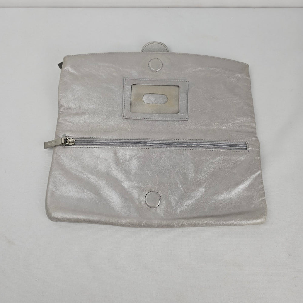 HOBO International Silver Leather Foldover Clutch Bag