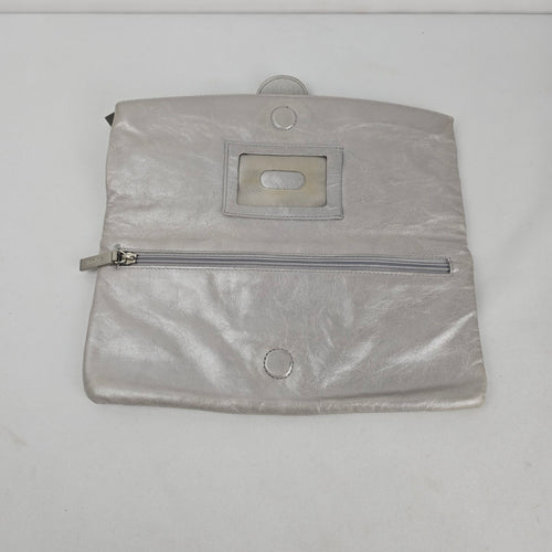 HOBO International Silver Leather Foldover Clutch Bag